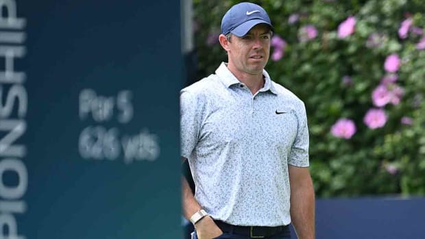 Rory McIlroy waits to tee off from the 1st tee during the third round of the 2023 BMW Championship.